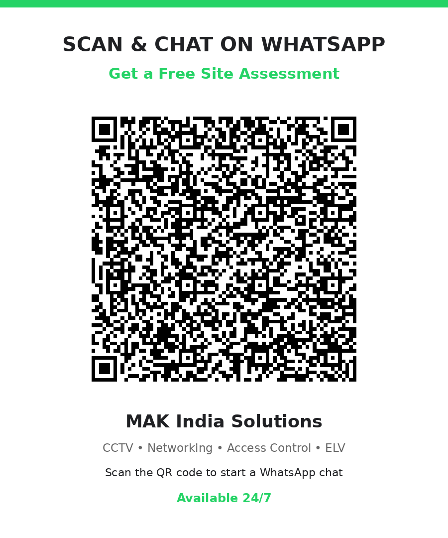 Scan WhatsApp QR code to contact MAK India Solutions for CCTV, networking and ELV services
